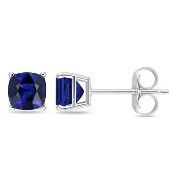 Solitaire Cushion Stud Earrings Simulated Blue Sapphire CZ 925 Sterling Silver